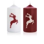 Bougie de l'avent DALDI avec motif cerf, 2 pièces, bordeaux-blanc, 15cm, Ø8cm, 69h - Made in Germany