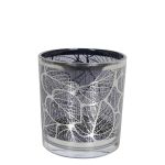 Teelicht Kerzen Glas LEONILLE mit Skelettblatt Motiv, schwarz-matt-silber-glänzend, 7cm, Ø7cm