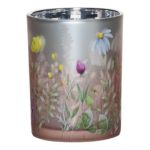 Photophore en verre Photophore de table ANNEROSE à motif sauvages fleurs, multicolore-mat-argenté-brillant, 18cm, Ø12cm