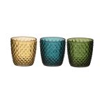 Bougeoir en verre KIRSTIE, 3 pièces, losanges, vert-jaune-bleu, 9cm, Ø9cm