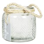 Photophore en verre FEENA, relief de feuilles, anse, transparent, 10,5cm, Ø11cm