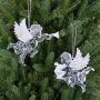 Ange de Noël LINDY, 2 pièces, pendentif, harpe, lyre, paillettes, argent-blanc, 9x10cm