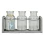 Bouteilles décoratives LORRIE, en verre, avec support en bois, 3 verres, transparentes, 25 x 8 x 13 cm