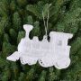Décoration de Noël Locomotive GEREON, acrylique, pendentif, paillettes, blanc-argent, 12x7cm