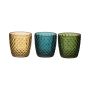 Bougeoir en verre KIRSTIE, 3 pièces, losanges, vert-jaune-bleu, 9cm, Ø9cm