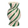 Vase soliflore bombé en forme de bonbon AMIEL en céramique, avec des lignes obliques, vert-blanc-rouge, 15cm, Ø8,5cm