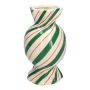 Vase soliflore bombé en forme de bonbon AMIEL en céramique, avec des lignes obliques, vert-rouge-blanc, 20cm, Ø11,5cm