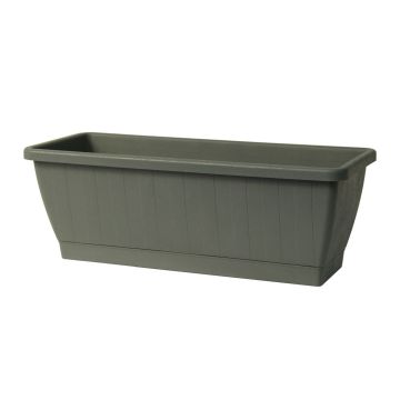Bac à plantes pour balcon OPHIRA en plastique recyclé, réserve d'eau, soucoupe, vert sauge, 39x19,5x17,5cm Bac à plantes pour balcon OPHIRA en plastique recyclé, réserve d'eau, soucoupe, vert sauge, 39x19,5x17,5cm