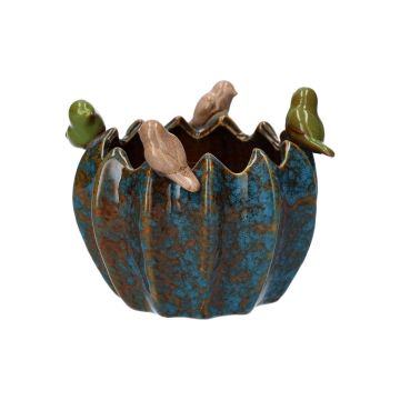 Pot de fleurs rond TARINO en céramique, avec des oiseaux en 3D, bleu-brun-vert-beige, 11cm, Ø13,8cm