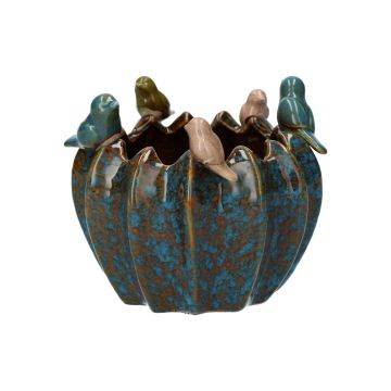 Pot de fleurs rond TARINO en céramique, avec des oiseaux en 3D, bleu-brun-vert-beige, 13,7cm, Ø15,3cm