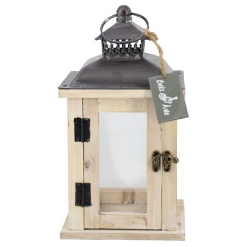 Lanterne en bois BEGGY avec Verre, anse, beige, 15,5x15,5x29cm Lanterne en bois BEGGY avec Verre, anse, beige, 15,5x15,5x29cm