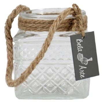 Photophore MELMY avec cordon, à motif rauten, transparent, 10cm, Ø9cm Photophore MELMY avec cordon, à motif rauten, transparent, 10cm, Ø9cm