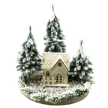 Maison lumineuse déco SEWARD, paysage enneigé, sapins, LEDs, blanc-vert, 25cm, Ø25cm Maison lumineuse déco SEWARD, paysage enneigé, sapins, LEDs, blanc-vert, 25cm, Ø25cm