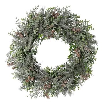 Couronne décorative d'eucalyptus, de sapin et de cyprès CAVRO, givré, pommes de pin, blanc-vert, Ø50cm