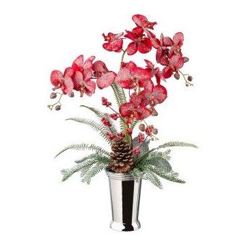 Composition florale artificielle d'orchidée et de fougère BALSI, vase en céramique, pomme de pin, baies, enneigée, rouge-blanc, 70cm Composition florale artificielle d'orchidée et de fougère BALSI, vase en céramique, pomme de pin, baies, enneigée, rouge-blanc, 70cm