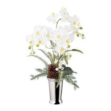 Composition florale artificielle d'orchidée et de fougère BALSI, vase en céramique, pomme de pin, baies, enneigée, blanc, 70cm Composition florale artificielle d'orchidée et de fougère BALSI, vase en céramique, pomme de pin, baies, enneigée, blanc, 70cm