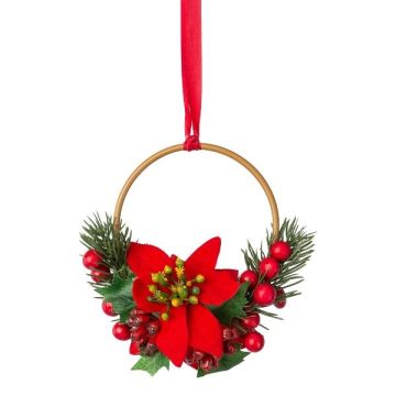 Couronne décorative Anneau de fleurs d'étoile de Noël et de sapin KUBRI, baies, rouge, Ø14cm Couronne décorative Anneau de fleurs d'étoile de Noël et de sapin KUBRI, baies, rouge, Ø14cm