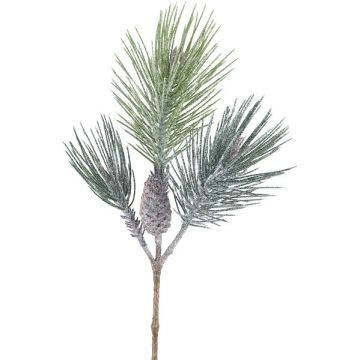 Branche artificielle Pin parasol SNOLER avec des paillettes, pomme de pin, givré, vert, 60cm