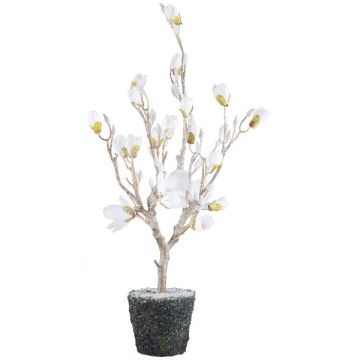 Arbre décoratif Magnolia NANDAL, boule de terre, fleurs, tronc artificiel, effet givré, blanc, 95 cm