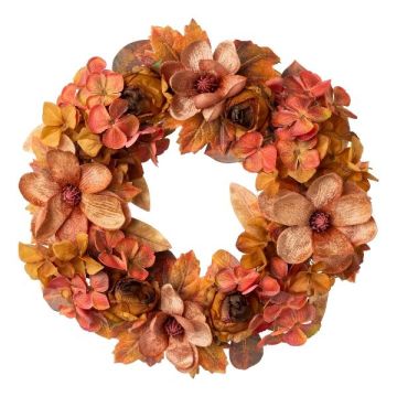 Couronne décorative de magnolia, de rose-chou et d'hortensia ZOBLI, orange-brun, Ø40cm