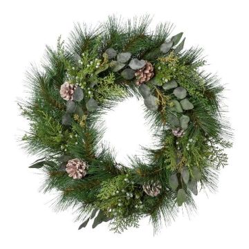 Couronne décorative de pin, de cyprès et d'eucalyptus ZAPRI avec des pommes de pin, vert, Ø60cm