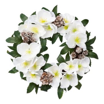 Couronne de fleurs Rose de Noël décorative FOGRA, pommes de pin, blanc, Ø30cm Couronne de fleurs Rose de Noël décorative FOGRA, pommes de pin, blanc, Ø30cm