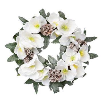 Couronne de fleurs Rose de Noël décorative FOGRA, pommes de pin, givré, blanc, Ø30cm Couronne de fleurs Rose de Noël décorative FOGRA, pommes de pin, givré, blanc, Ø30cm