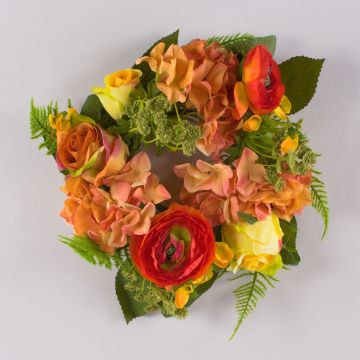 Couronne d'hortensias artificielle SUNA, rose, orange-rouge, Ø30cm Couronne d'hortensias artificielle SUNA, rose, orange-rouge, Ø30cm