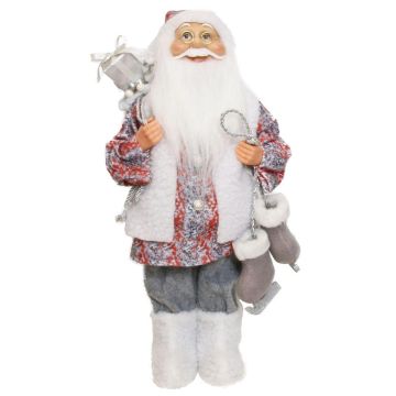 Figurine de Père Noël ABENZIO, patins à glace, sac cadeau, blanc-gris-rouge, 22x14x45cm