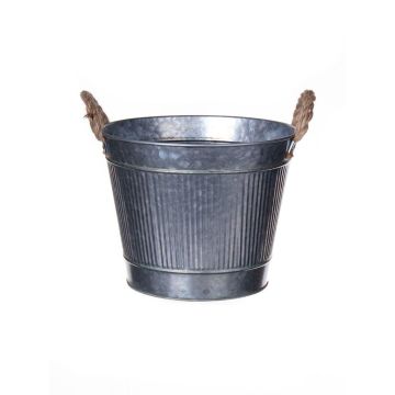 Pot de fleurs rond BIMETO avec poignées, rainures, zinc, argenté, 18,5 cm, Ø 22,5 cm