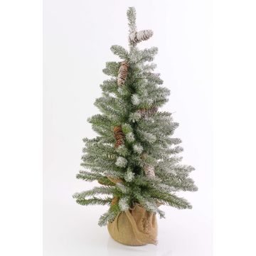 Faux sapin VIENNE, pommes de pin, sac de jute, neige, 90cm, Ø50cm