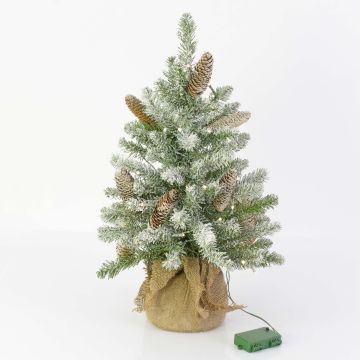 Faux sapin VIENNE, pommes de pin, sac de jute, LEDs, neige, 60cm, Ø40cm