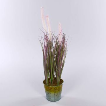 Pennisetum alopecuroides artificiel SVERRE avec des panicules, pot en zinc, rose-vert, 50cm