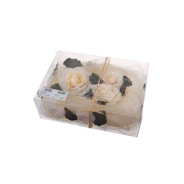 Décoration florale ZUMA avec roses, feuilles, perles, sisal, crème, 5cm Décoration florale ZUMA avec roses, feuilles, perles, sisal, crème, 5cm