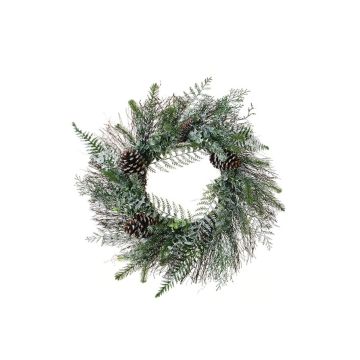 Couronne artificielle de pin, d'eucalyptus et de fougère TRISS avec pommes de pin, givré, vert-blanc, Ø60cm Couronne artificielle de pin, d'eucalyptus et de fougère TRISS avec pommes de pin, givré, vert-blanc, Ø60cm
