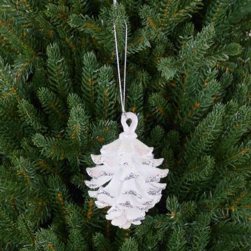 Décoration de Noël Pomme de pin CATHARINA, acrylique, pendentif, paillettes, blanc-argent, 9cm, Ø7cm
