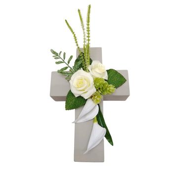 Arrangement de rose, de calla et de houblon artificiel LONNE, croix de plantes, blanc-vert, 35x18x10cm Arrangement de rose, de calla et de houblon artificiel LONNE, croix de plantes, blanc-vert, 35x18x10cm