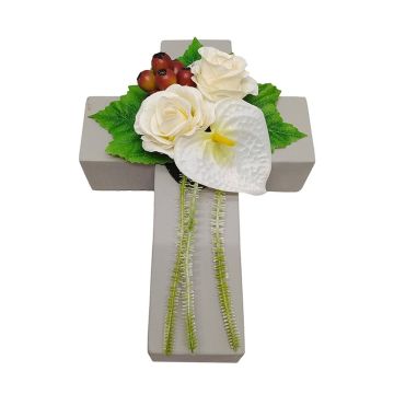 Arrangement de rose, d'anthurium et de cynorrhodon artificiel NINNA, croix de plantes, blanc-rouge, 30x18x11cm Arrangement de rose, d'anthurium et de cynorrhodon artificiel NINNA, croix de plantes, blanc-rouge, 30x18x11cm