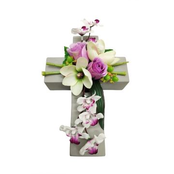 Arrangement de magnolia, d'orchidée et de rose artificiel OVANA, croix de plantes, blanc-lilas-crème, 28x18x10cm Arrangement de magnolia, d'orchidée et de rose artificiel OVANA, croix de plantes, blanc-lilas-crème, 28x18x10cm