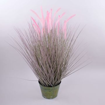 Touffe d'herbe artificielle OVIDIO, panicules, pot en zinc, vert-rose, 100cm