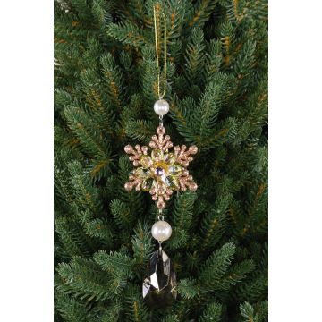 Fleur de glace décorative à suspendre ZERA, acrylique, gouttes, paillettes, vert-or, 16cm, Ø6cm