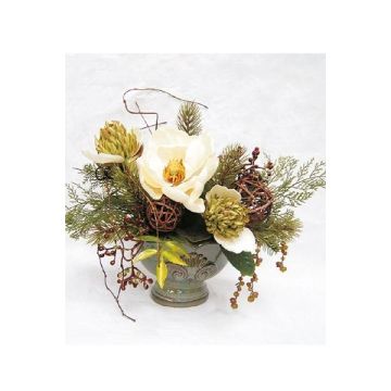 Arrangement de magnolia, de protea et de baies artificiel TORWI, cache-pot, blanc-vert, 31cm, Ø34cm