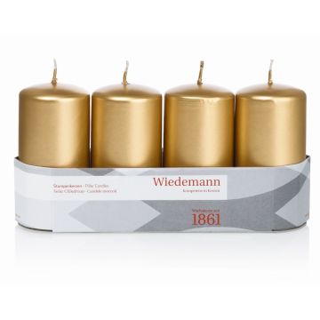 Bougies cylindriques pour couronne de l'Avent JENARO, lot de 4, dorées, 10 cm, Ø 5 cm, 23 h - Fabriquées en Allemagne Bougies cylindriques pour couronne de l'Avent JENARO, lot de 4, dorées, 10 cm, Ø 5 cm, 23 h - Fabriquées en Allemagne