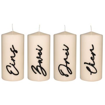Couronne de l'Avent avec bougies cylindriques PAULINO et chiffres, lot de 4, crème brillant, 15 cm, Ø 7 cm, 63 h - Fabriquée en Allemagne Couronne de l'Avent avec bougies cylindriques PAULINO et chiffres, lot de 4, crème brillant, 15 cm, Ø 7 cm, 63 h - Fabriquée en Allemagne