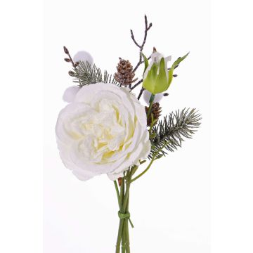 Bouquet de roses en tissu FANNI, pommes de pin, enneigé, blanc, 30cm, Ø15cm Bouquet de roses en tissu FANNI, pommes de pin, enneigé, blanc, 30cm, Ø15cm