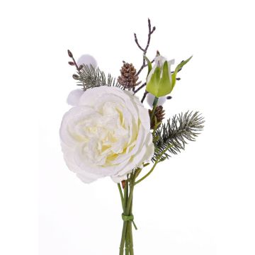 Bouquet de roses en tissu FANNI, pommes de pin, enneigé, blanc, 30cm, Ø15cm