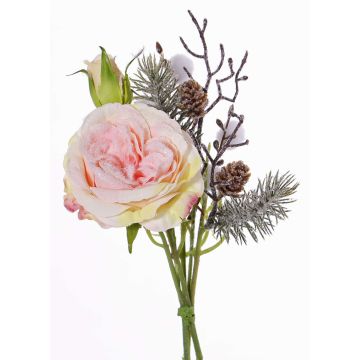 Bouquet de roses en tissu FANNI, pommes de pin, enneigé, rose, 30cm, Ø15cm Bouquet de roses en tissu FANNI, pommes de pin, enneigé, rose, 30cm, Ø15cm