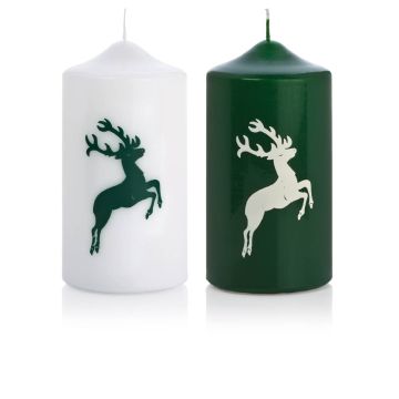 Bougie de l'avent DALDI avec motif cerf, 2 pièces, vert foncé-blanc, 15cm, Ø8cm, 69h - Made in Germany Bougie de l'avent DALDI avec motif cerf, 2 pièces, vert foncé-blanc, 15cm, Ø8cm, 69h - Made in Germany