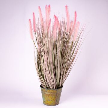 Touffe d'herbe artificielle OVIDIO panicules, pot en zinc, vert-rose, 115cm