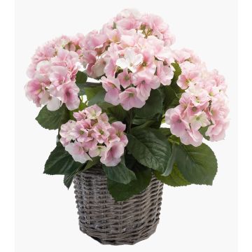 Hortensia artificiel JONE en corbeille tressée, rose, 45cm
